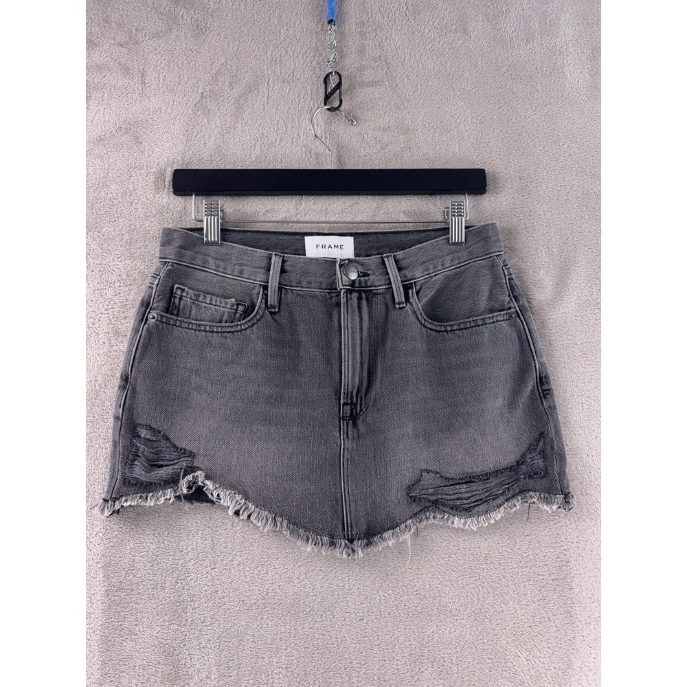 FRAME Acera Rips Mini Denim Skirt Womens Size 25 Gray Distressed Raw Hem
